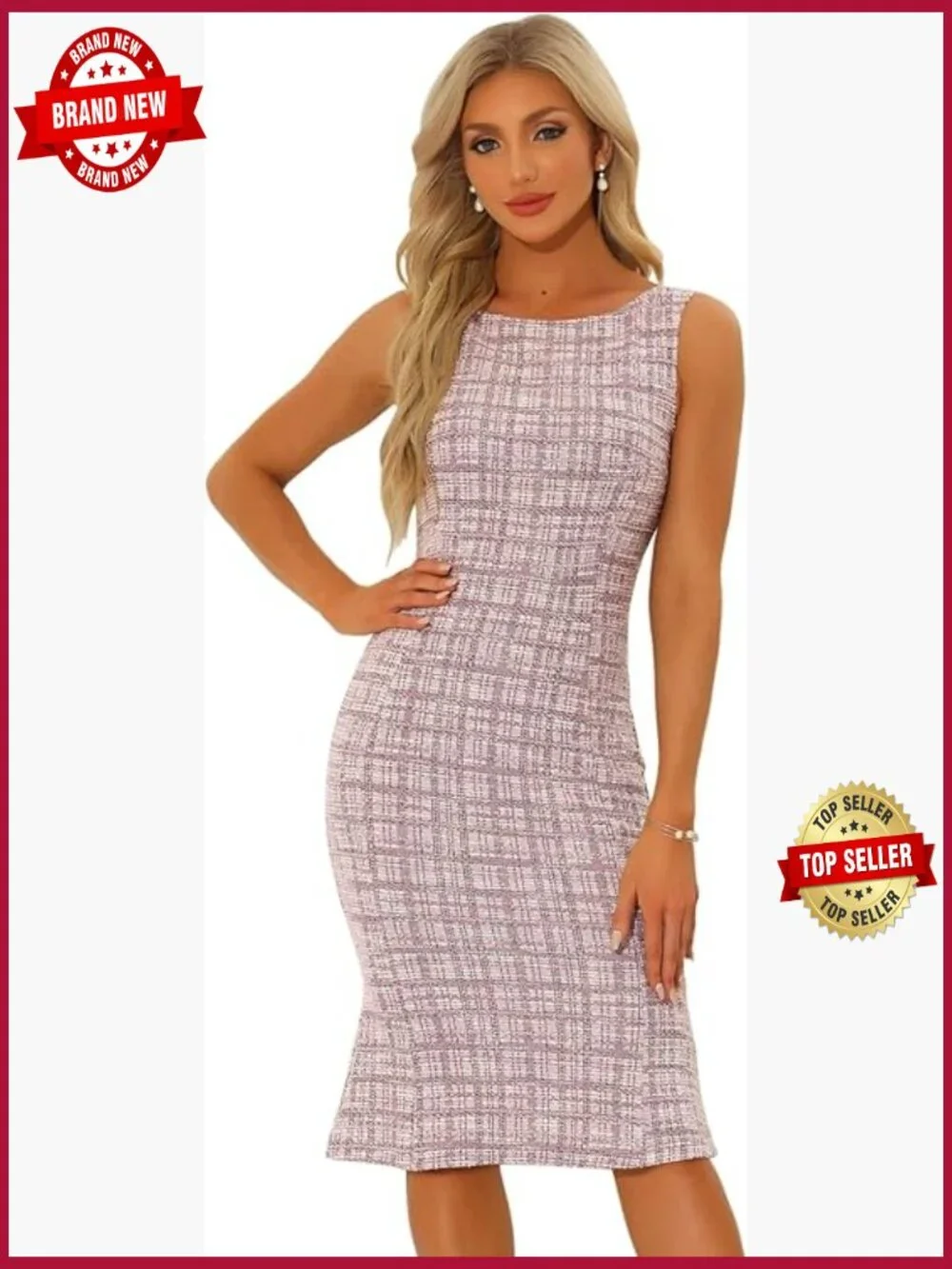 Sleeveless Tweed Plaid Bodycon Pencil Dress Boat Neck Mermaid Hem